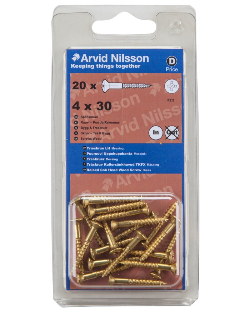 Arvid Nilsson - Træskrue messing 4 x 30 mm 20-pak