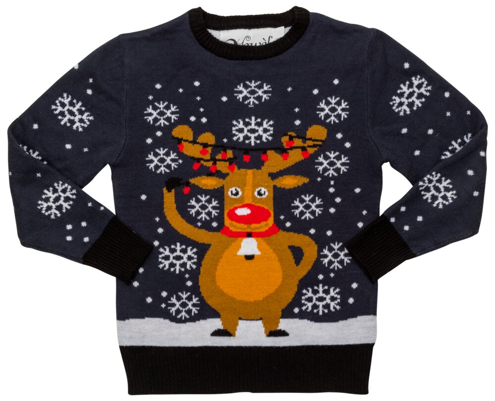 Julesweater til børn - Blå med rensdyr