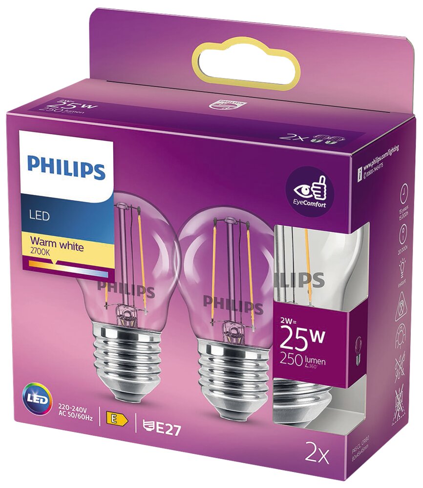 Philips LED-filamentpære 2W E27 2-pak