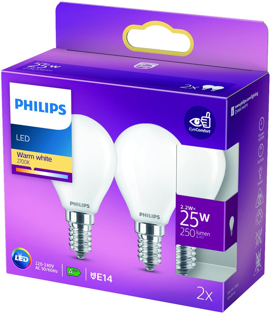 Philips - LED-pære 3W E14 P45 2-pak