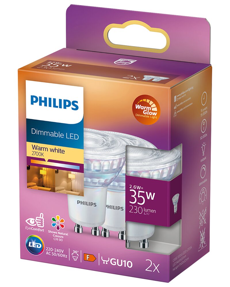 Philips - Reflektorpære 3W GU10 dæmpbar 2-pak