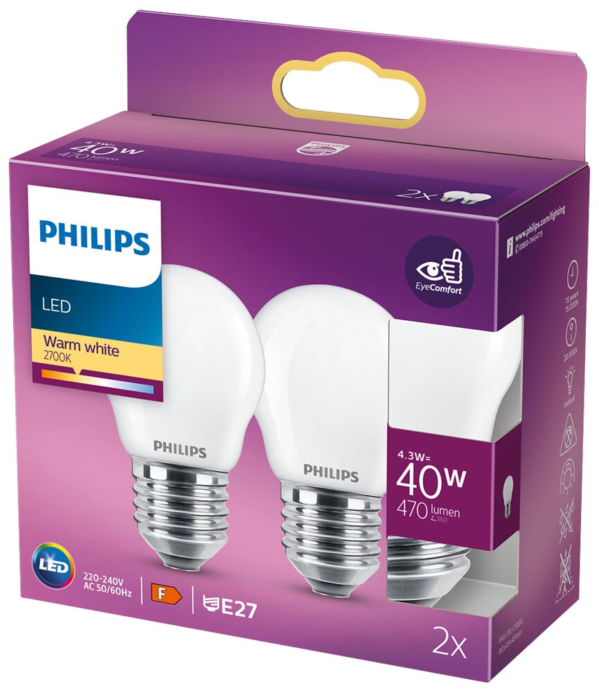 Philips - LED-pære 5W E27 P45 2-pak