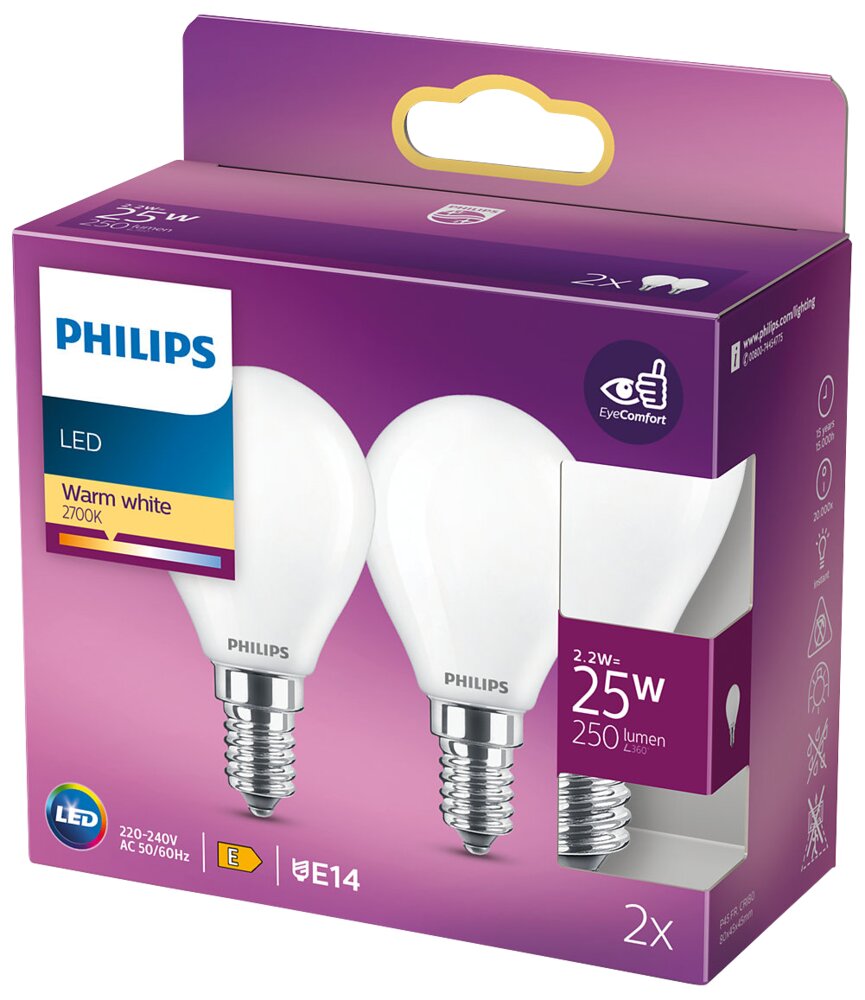Philips LED-pære 3W E14 P45 2-pak