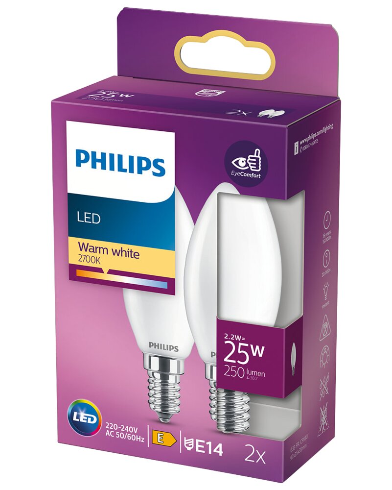 Philips - LED-pære 3W E14 B35 2-pak
