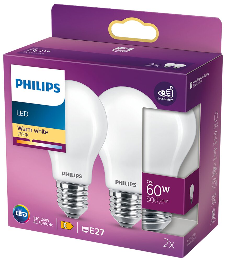 Philips - LED-pære 7W E27 A60 2-pak