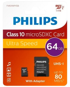 PHILIPS Micro SDXC kort - 64GB med SD adapter