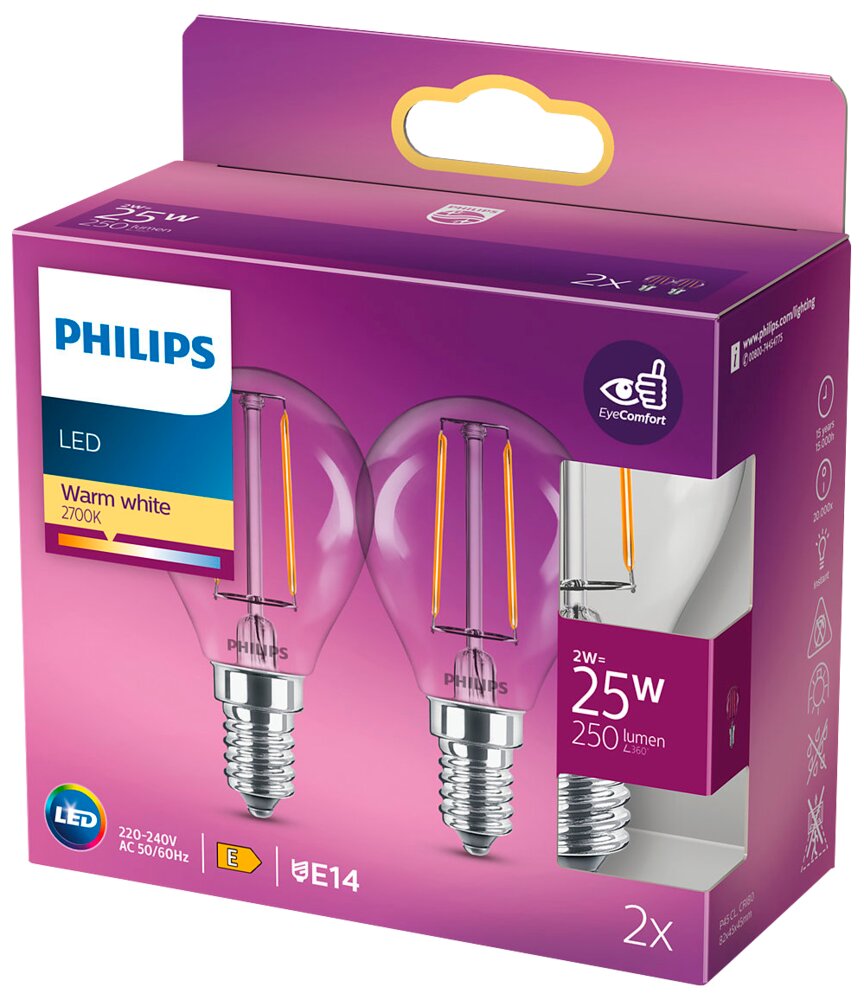 Philips - LED-filamentpære 2W E14 2-pak