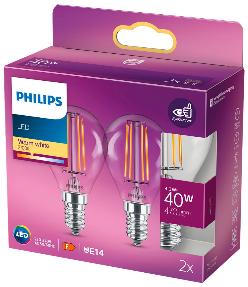 Philips filament 4,3w e14 2 st