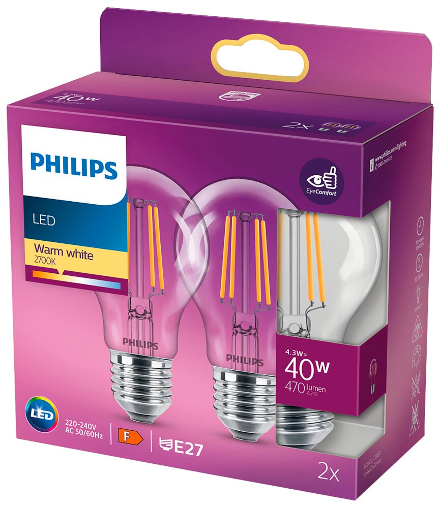 PHILIPS LED-filamentpære  4,3W E27 2-pak