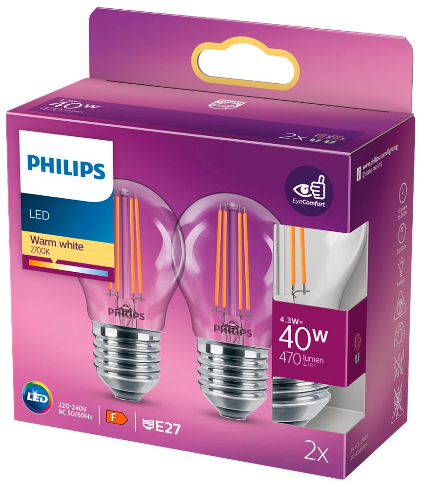 Philips - LED-filamentpære 4,3W E27 - 2-pak