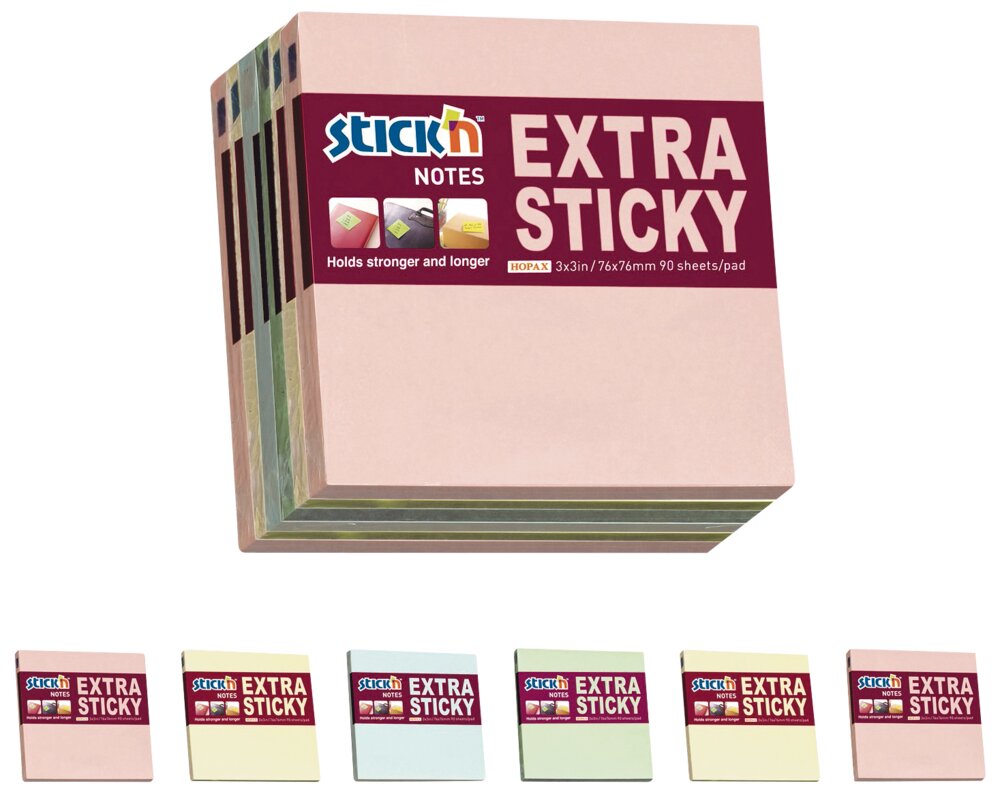 Sticky notes 76x76 mm 90 ark x 6 blokke - pastel farver