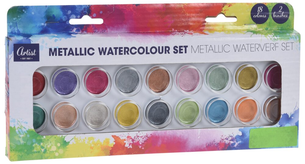 Vandfarvesæt metallisk 18 farver med pensel