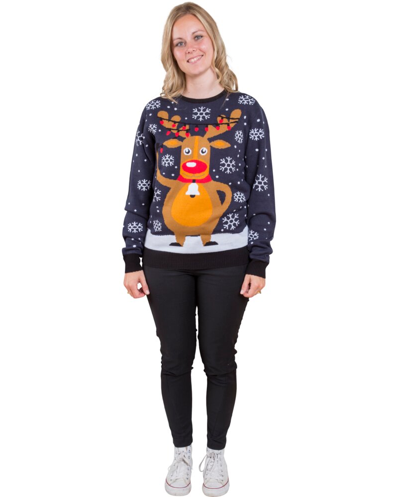 Julesweater til voksne - Blå med rensdyr
