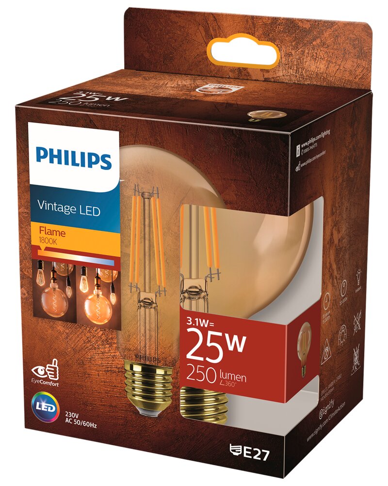 PHILIPS LED-pære filament 3,1W E27 G95