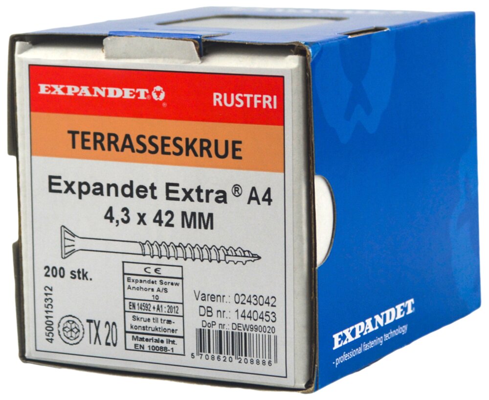 EXPANDET Rustfri A4 skrue 4,3 x 42 mm 200 stk.